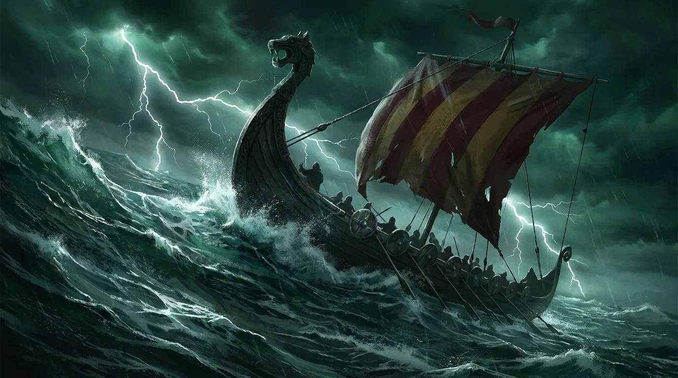 A dragon-prowed Viking longship with a striped sail climbing a huge storm wave under a green-black sky split by lightning, shields lining its hull